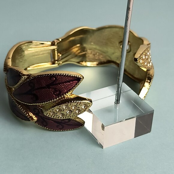 Exquisite Statement Enamel Leaf Shape Open Hinged Cuff Bangle Bracelet P… - Picture 5 of 15